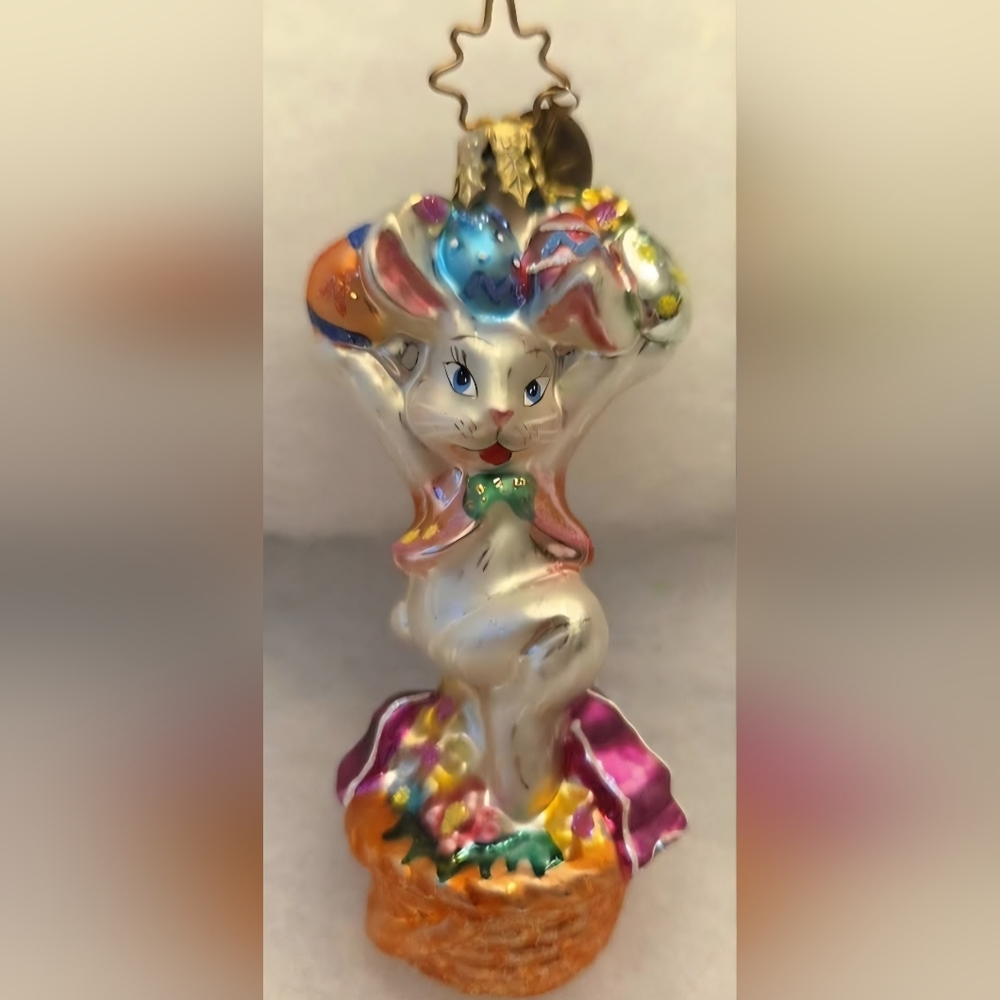 Christopher Radko Silver Bunny with Colorful Easter Eggs Ornament